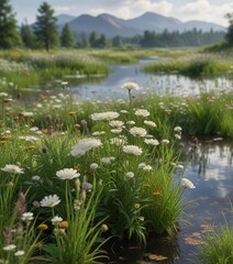 Achillea millefolium growing in a wet meadow with other wildflowers, such as water lilies and cattails, countryside, water lily, plants