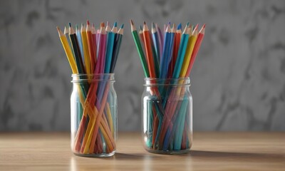 Colored pencils in a glass jar with a studio background, painter tools, creative workspace