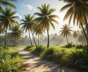 Coconut palms and rice plants grow together in harmony amidst a bright sunny day, serene landscape, tropical plant life