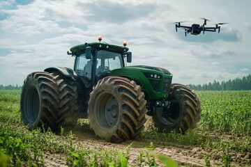 Obraz premium Innovative Farming Technology Showcases a Tractor Working the Field While a Drone Surveys the Crops During a Bright Afternoon in a Rural Landscape
