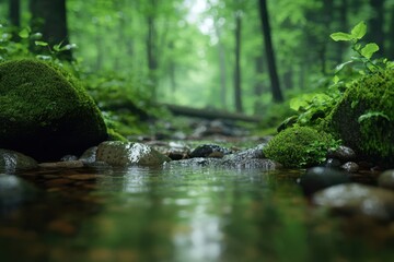 Fototapeta premium A stream of water flows through a forest with moss growing on the rocks