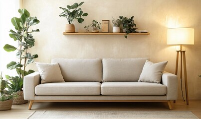 A cozy and inviting sofa placed in a warm living room, creating a comfortable and relaxing atmosphere for family gatherings or personal relaxation.