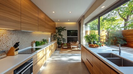 Modern Kitchen Design With Wooden Cabinets And Garden View