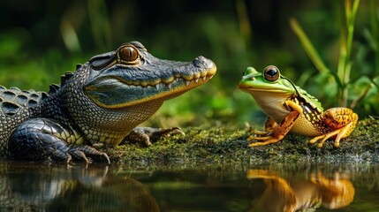 Fototapeta premium Unlikely Encounter: Alligator and Frog by the Water