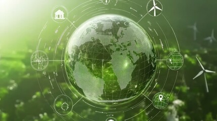Fototapeta premium Green Planet Earth with Renewable Energy Symbols and Nature Background