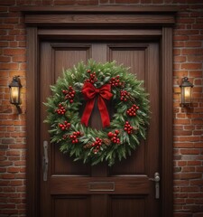 A beautifully decorated holiday wreath on a wooden door , welcome mat, festive decor