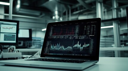 Fototapeta premium Digital Analysis of Financial Data on Laptop Screen in Dark Environment