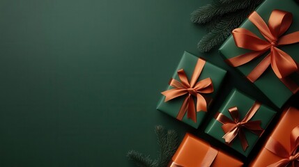 Green and orange gift boxes with bows and pine branches on a green background.