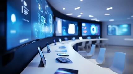 A modern, high-tech conference room featuring multiple screens and a sleek, curved table, ideal for presentations and collaborative work.