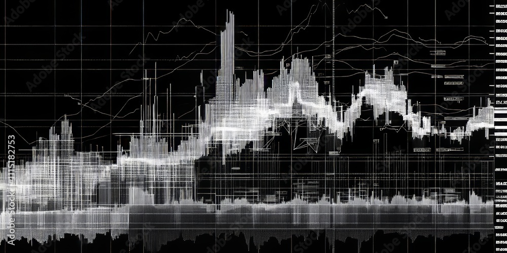 Poster data visualization showcases dynamic market trends through intricate line graphs and bar charts in a