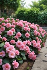 Naklejka premium Pink begonias in a garden bed with lush greenery, lush greenery, pink