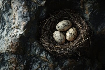 Obraz premium A nest of three eggs is sitting on a rock