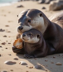 Naklejka premium An otter pup snuggles up against its mother on the beach, both holding a seashell, aquatic mammals, otter mom, beach life