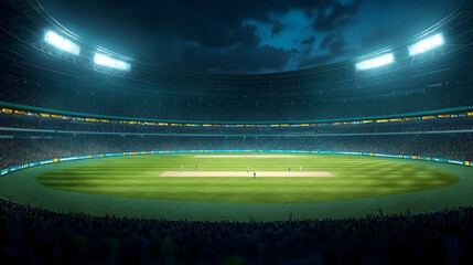 Vibrant cricket stadium aglow with fans in nocturnal view, part of contemporary sports complex in 3D rendering.