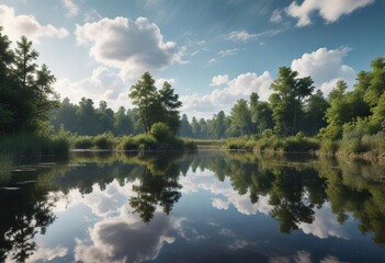 Obraz premium lake in a wetland with reflection of clouds and surrounding trees, natural beauty, nature photography, misty conditions