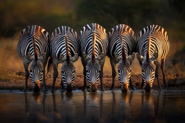 A group of zebras are drinking water from a pond