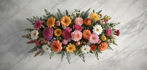 Overhead View of a Flower Arrangement on a Marble Table , stylish interior, creative composition
