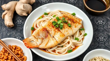 Close-up shot of a delicious chinese steamed red grouper topped with fragrant ginger scallions and drizzled with savory soy sauce, dish, food