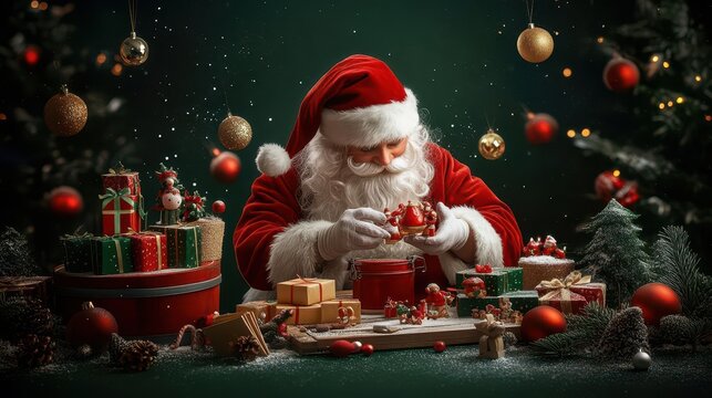 Santa's workshop with elves making toys, green background,