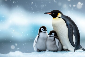 Fototapeta premium A mother penguin is standing between two baby penguins