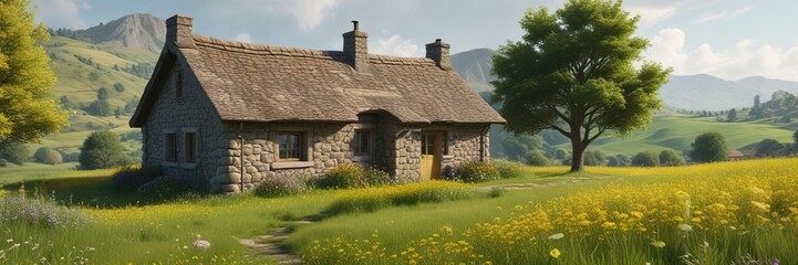 Fototapeta premium Serene landscape with a small stone cottage nestled in lush green hills and fields of bright yellow flowers, yellow flowers, landscape