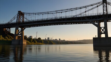 A photorealistic image of a massive steel bridge spanning across a wide river, set against a clear blue sky.