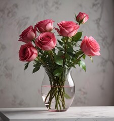 Obraz premium A pair of matching pink and red roses in a vase , flowers, romantic