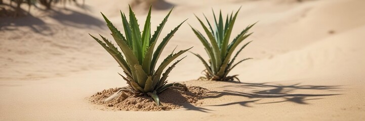 Obraz premium Side view of an aloe vera plant growing in the sand, sandy terrain, succulent in the sand