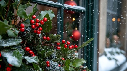 Cozy Christmas Decoration with Red Berries and Ornaments by the Window