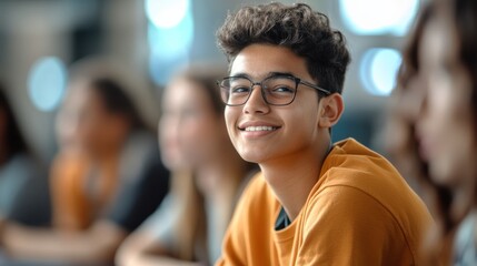 Fototapeta premium A smiling teenager in glasses sits in a classroom, surrounded by peers, showcasing a positive and engaged learning environment.