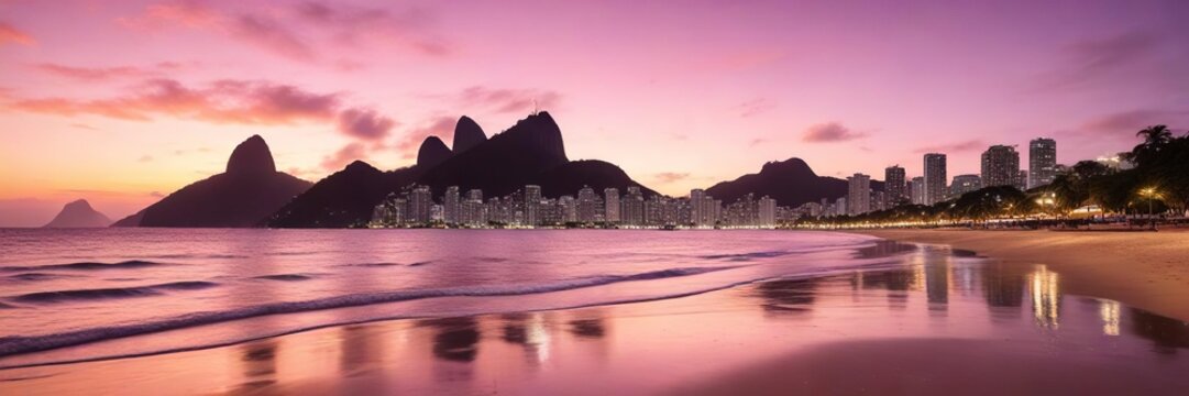 Dawn breaking over the Botafogo beach in Rio de Janeiro with vibrant hues of pink and orange, nature, landscape