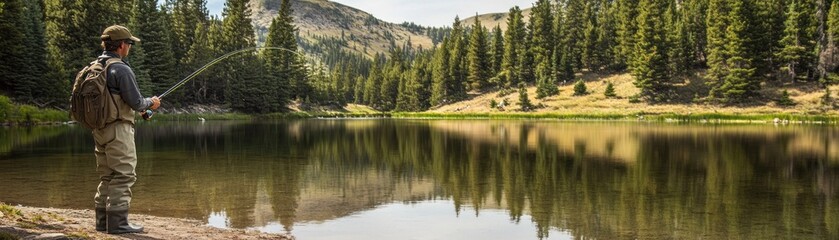 A person fishing by a serene lake surrounded by trees and mountains.