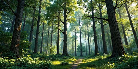 Obraz premium tall trees and dense foliage in a secluded area, hidden haven , leafy plants