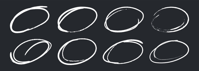 Hand-drawn doodle oval elements in white crayon or chalk. Scribble circle round frames
