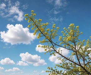 Obraz premium Acacia concinna branches and flowers against a clear blue sky with a few fluffy clouds on a white background , Acacia species, fluffy clouds