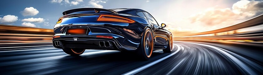 Fototapeta premium A sleek blue sports car races down a winding road, capturing the thrill of speed and luxury against a dramatic sunset backdrop.