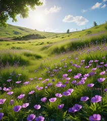 Obraz premium Purple flowers scattered throughout a lush green meadow on a sunny day , natural scenery, flower fields