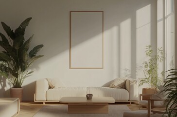 Warm-toned living room with a blank decorative painting hanging in the center, showcasing a minimalist design that emphasizes the beauty of space and modern interior decoration.