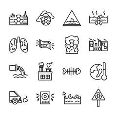 Line Art Icon Set of Global Warming Factory Waste Pollution Nature World