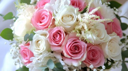 Obraz premium Elegant bridal bouquet of pink and white roses, accented with baby's breath. Perfect for wedding websites, blogs, and romantic themed designs.