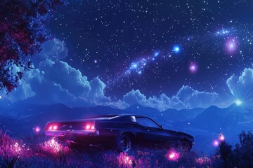 A car is parked in a field of flowers and stars