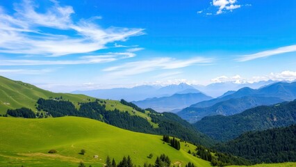 Obraz premium Breathtaking Green Hills Under Clear Blue Sky: Perfect for Wall Art, Desktop Backgrounds, and Nature Enthusiasts