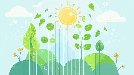 Natural transpiration concept. Bright sun shining over green plants and hills in nature