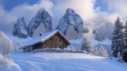 A serene winter landscape featuring a rustic cabin surrounded by snow-covered mountains.