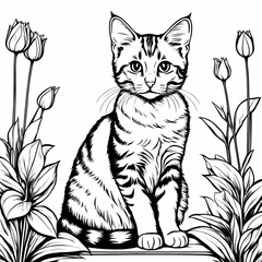 Obraz premium A line art black-and-white illustration of a cute kitten.