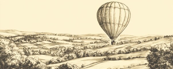 A vintage-style illustration of a hot air balloon floating over rolling hills.
