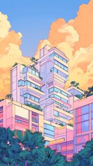 A vibrant, modern architectural design featuring colorful buildings and lush greenery.