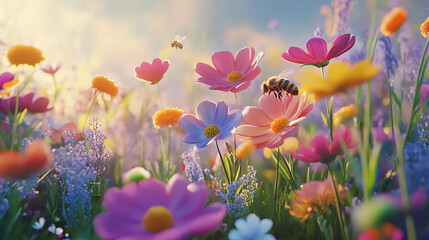 Close-up of bees pollinating colorful flowers 