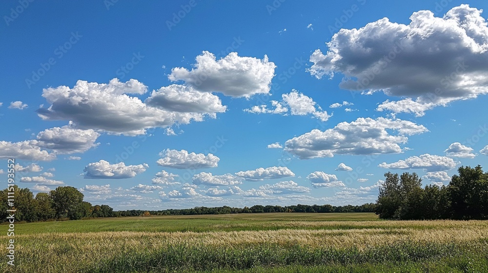 Poster bright blue sky stretches endlessly above a landscape filled with fluffy white clouds, casting shado