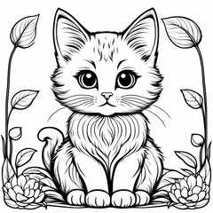 Obraz premium A line art black-and-white illustration of a cute kitten.